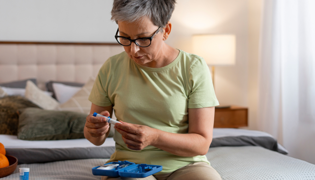 Elderly woman with dementia checking her glucose level, highlighting the importance of GLP-1 agonists in reducing dementia risk for type 2 diabetes patients.