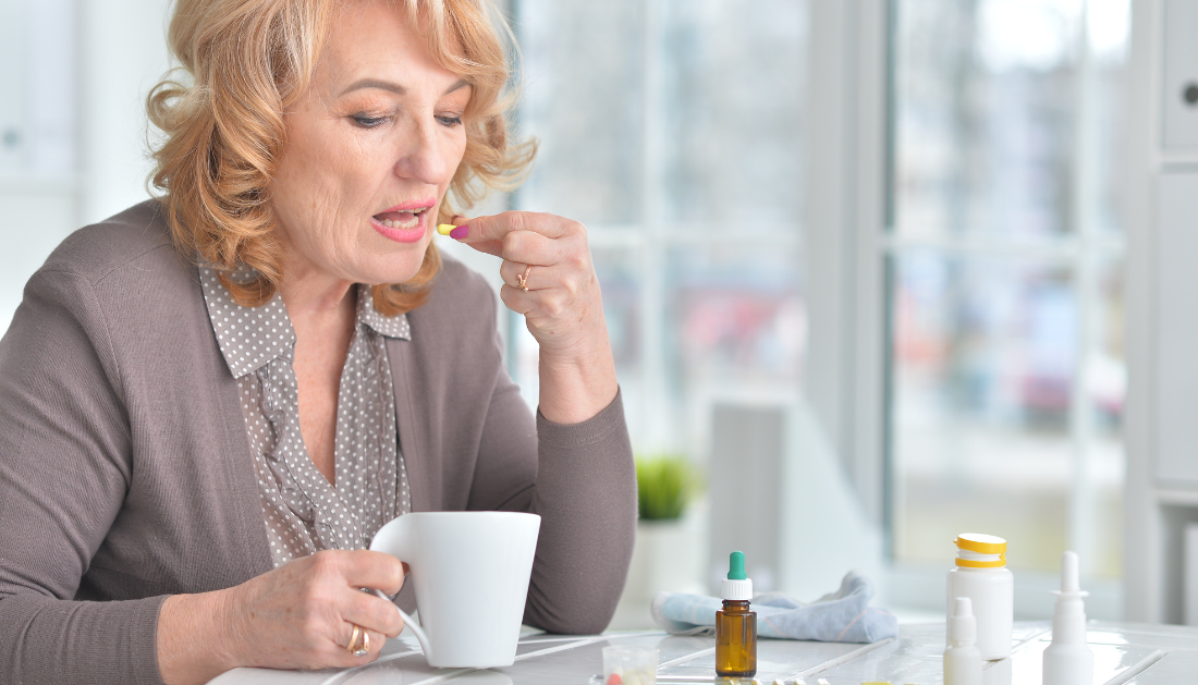 A diverse group of pills used for mental health treatment by elder women.