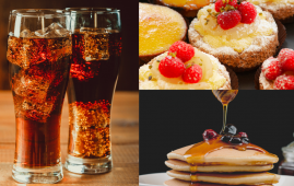 sugary drinks, pastries, and honey topped pancakes