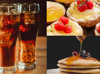 sugary drinks, pastries, and honey topped pancakes