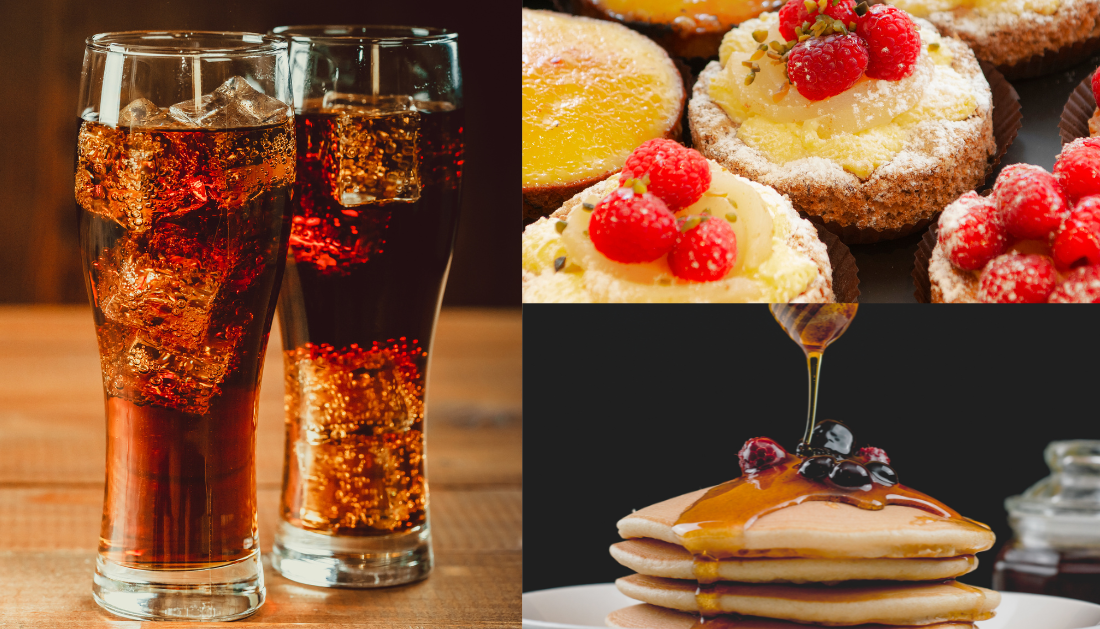 sugary drinks, pastries, and honey topped pancakes